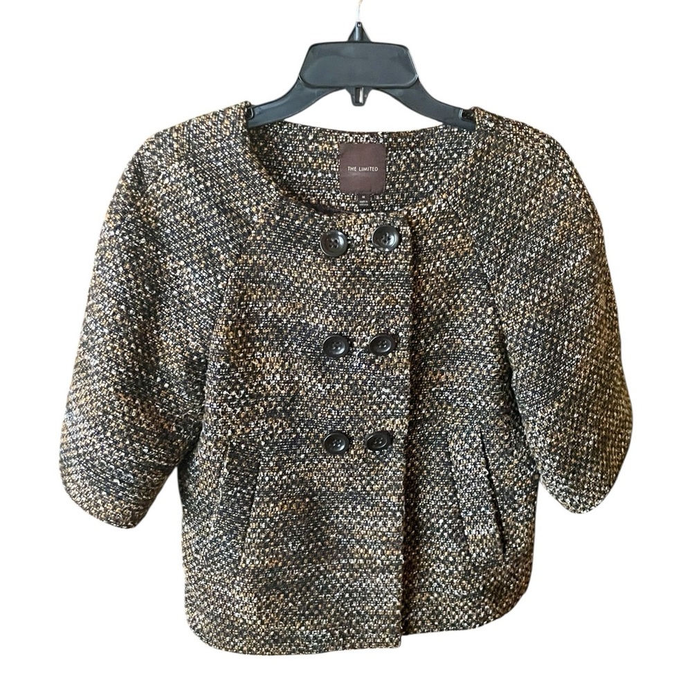 The Limited short sleeve tweed jacket pockets MED brown tan white preppy classic